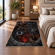 A gathering of eerie creatures surrounding a glowing red spiral pit rug in a bedroom beside a bed