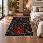 An ensemble of sinister figures framing a fiery descending castle abyss rug in a bedroom beside a bed