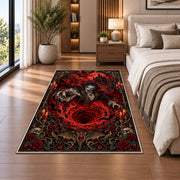 Gothic vampire red vortex area rug in a bedroom beside the bed
