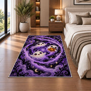Cute ghost purple swirl area rug in a bedroom beside the bed