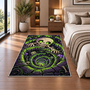 Glowing green skeleton well vortex area rug in a bedroom beside the bed