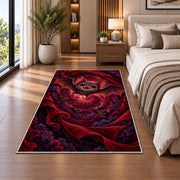 Cute bat red velvet vortex area rug in a bedroom beside the bed