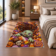 Cute zombie candy vortex area rug in a bedroom beside the bed