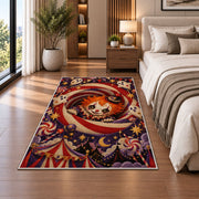 Creepy circus clown spiral area rug in a bedroom beside the bed