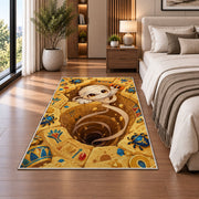 Cute mummy Egyptian tomb area rug in a bedroom beside the bed