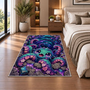 Cute octopus cosmic vortex area rug in a bedroom beside the bed