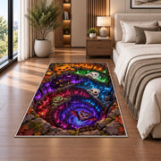 Neon underworld cave vortex area rug in a bedroom beside the bed