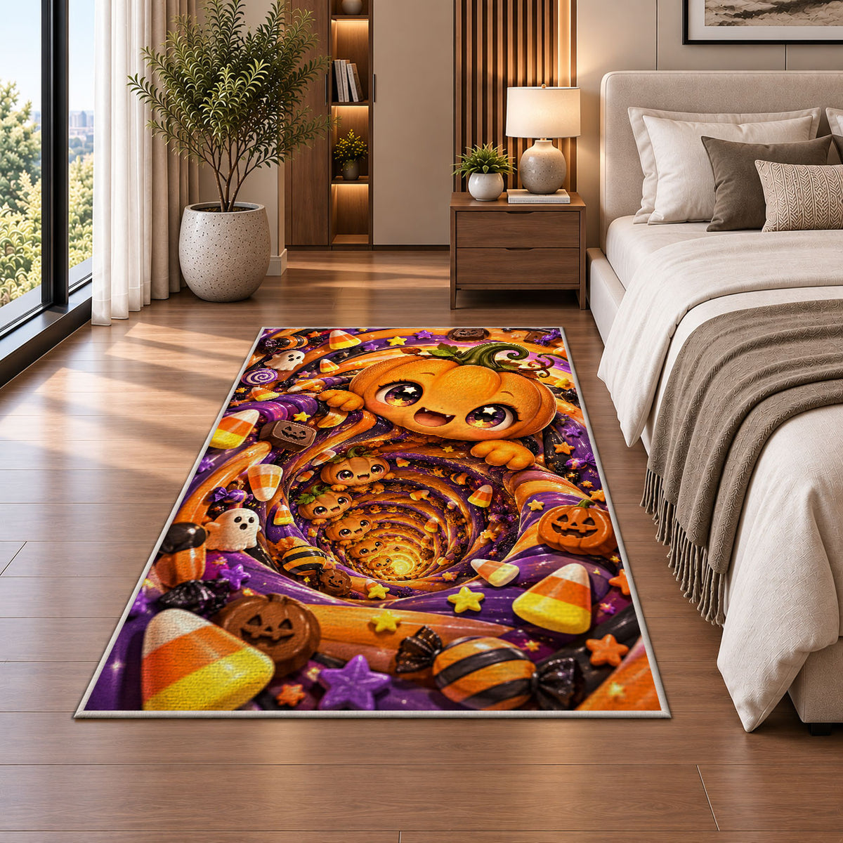 Cute pumpkin candy tunnel area rug in a bedroom beside the bed