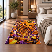 Cute pumpkin candy tunnel area rug in a bedroom beside the bed