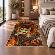 Cute dinosaur pumpkin costume area rug in a bedroom beside the bed