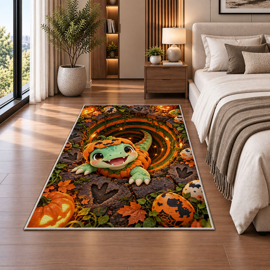 Cute dinosaur pumpkin costume area rug in a bedroom beside the bed
