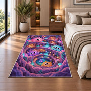 Cute fluffy monster crystal cave area rug in a bedroom beside the bed