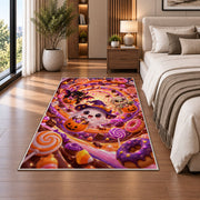 Cute ghost witch candy swirl area rug in a bedroom beside the bed