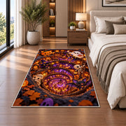 Halloween village underground tunnel area rug in a bedroom beside the bed