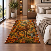 Autumn Whitetail Buck rug in a bedroom beside the bed