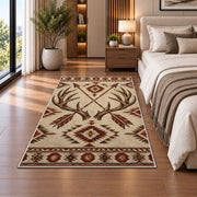 Antlers and Arrows rug in a bedroom beside the bed