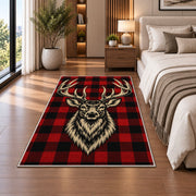 Buffalo Plaid Deer rug in a bedroom beside the bed