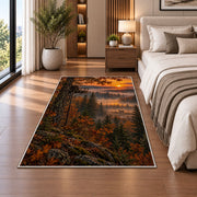 Tree Stand Sunrise rug in a bedroom beside the bed