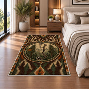 Bowhunting Emblem rug in a bedroom beside the bed