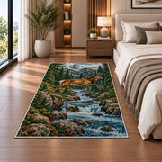 Leaping Deer Stream rug in a bedroom beside the bed