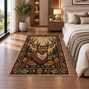 Woodcut Stag rug in a bedroom beside the bed