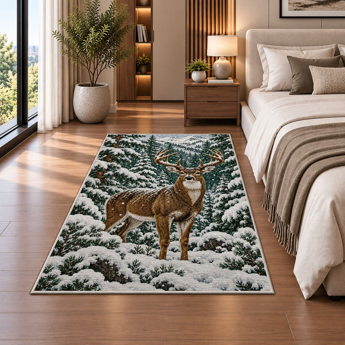Winter Buck rug in a bedroom beside the bed