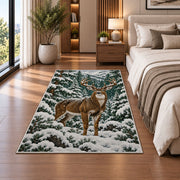 Winter Buck rug in a bedroom beside the bed