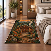 Hunting Cabin rug in a bedroom beside the bed