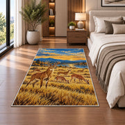 Deer Herd Meadow rug in a bedroom beside the bed