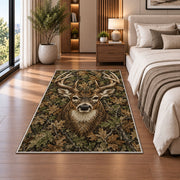 Woodland Camo Buck rug in a bedroom beside the bed