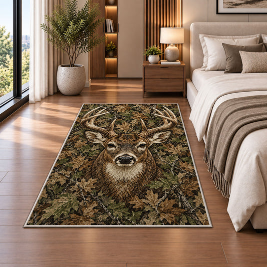 Woodland Camo Buck rug in a bedroom beside the bed