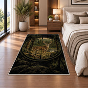 Hunting Scope Buck rug in a bedroom beside the bed