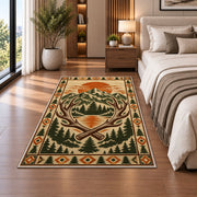 Mountain Lodge Emblem rug in a bedroom beside the bed