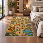 Safari animal hopscotch rug with lions, elephants and numbered stepping circles, shown from an angled room perspective