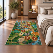 Green dinosaur hopscotch rug with prehistoric plants and numbered footprints, shown from an angled room perspective