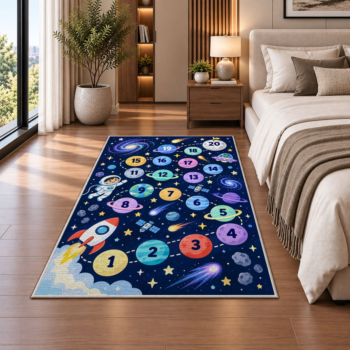 Navy galaxy hopscotch rug with colorful numbered planets, a rocket and astronaut, shown from an angled room perspective