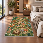 Woodland animal hopscotch rug with earthy numbered circles and green forest foliage, shown from an angled room perspective