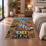 Construction truck hopscotch rug with numbered road tiles, diggers and traffic signs, shown from an angled room perspective