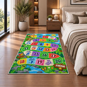 Rainbow adventure game rug with numbered colorful path tiles and activity prompts, shown from an angled room perspective