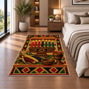 Kwanzaa Mkeka Rug in a bedroom beside the bed
