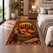 Kwanzaa Harvest Basket Rug in a bedroom beside the bed