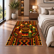 Seven Candles Kwanzaa Rug in a bedroom beside the bed