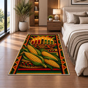 Kwanzaa Corn Rug in a bedroom beside the bed