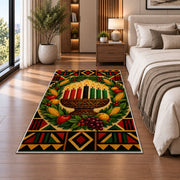 Kwanzaa Wreath Rug in a bedroom beside the bed