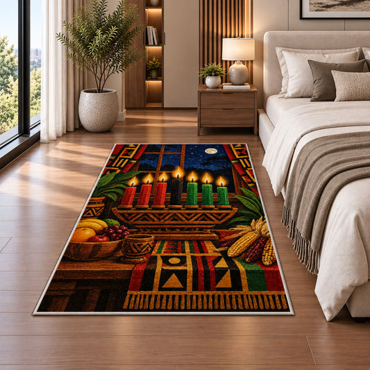 Kwanzaa Night Window Rug in a bedroom beside the bed