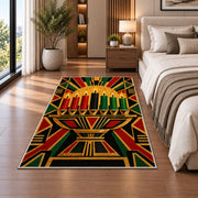 Art Deco Kwanzaa Rug in a bedroom beside the bed
