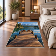 Lake dock with Adirondack chairs rug in a bedroom beside the bed