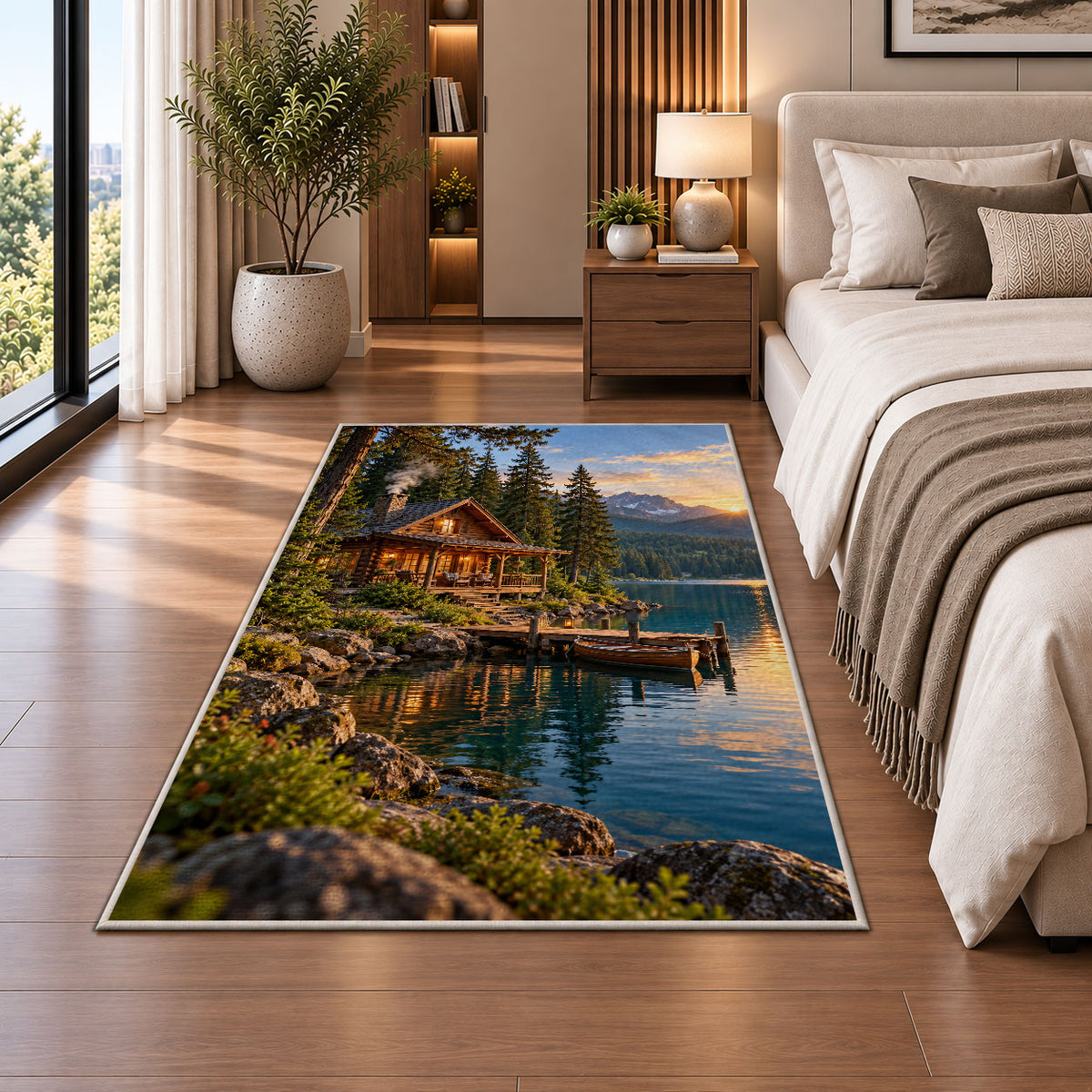 Lakeside log cabin at sunset rug in a bedroom beside the bed