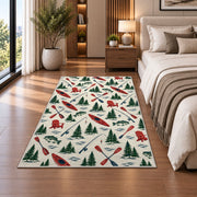 Lake life pattern rug in a bedroom beside the bed