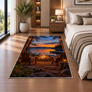 Lakeside campfire with chairs rug in a bedroom beside the bed